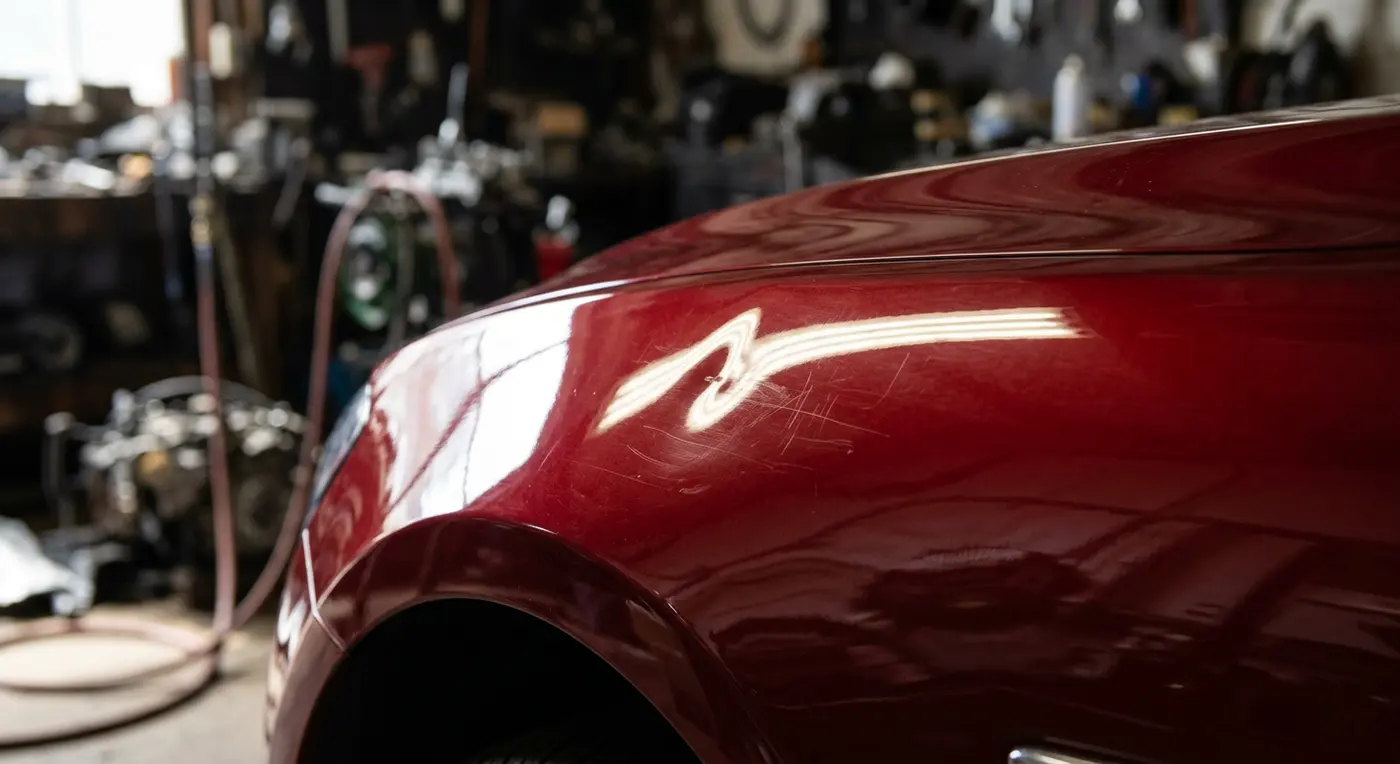 Detailaufnahme einer Delle im Lack eines roten Fahrzeugs